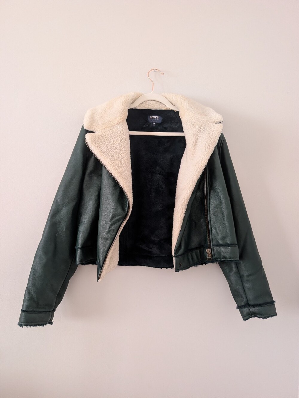 Levi's Women's Dark Green Faux Leather Jacket with Cream Sherpa